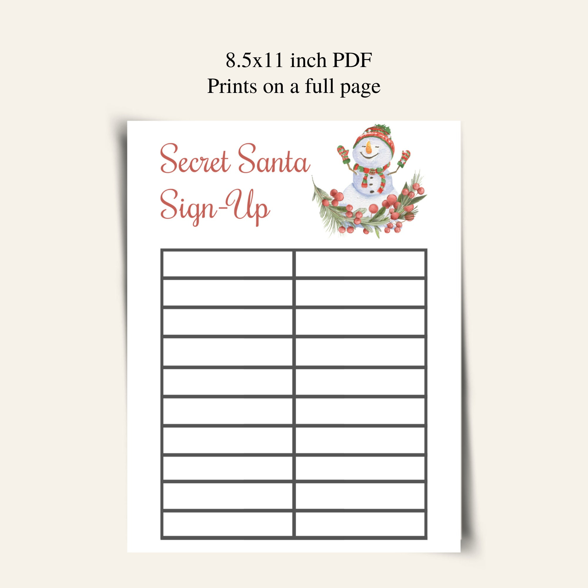 Printable Secret Santa Sign Up Sheet: Download - Etsy Uk inside Printable Secret Santa Sign Up Template