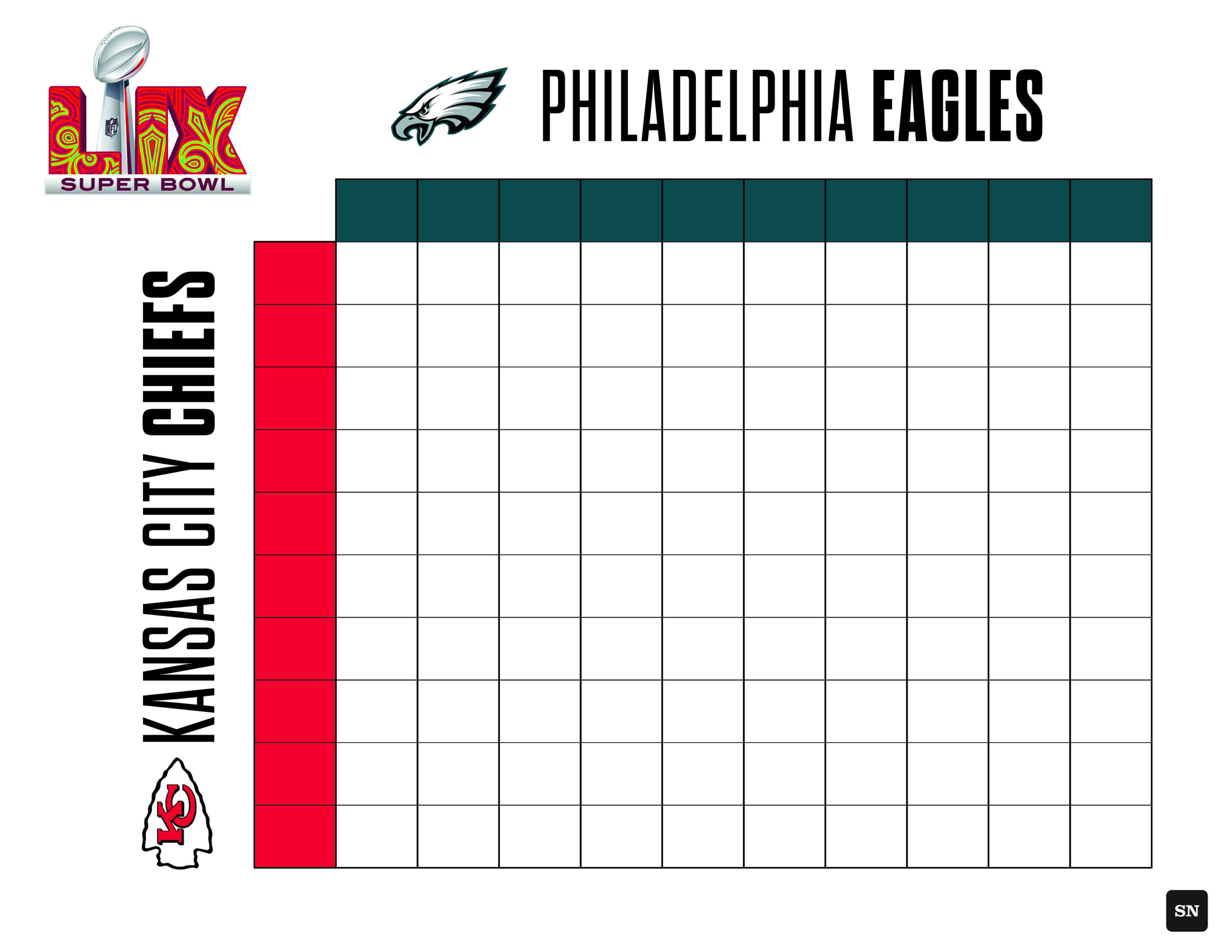 Printable Super Bowl Squares Grid For Eagles Vs. Chiefs In 2025 with Super Bowl Squares Free Printable