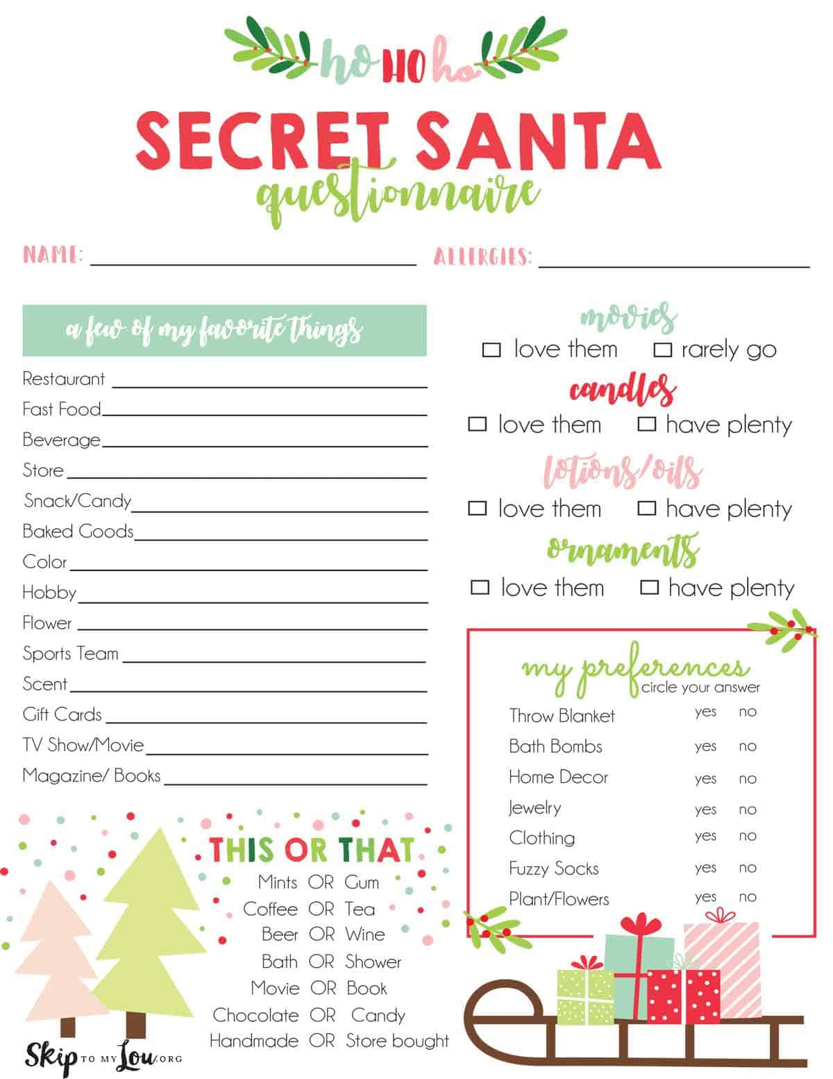Secret Santa Questionnaire | Skip To My Lou intended for Secret Santa Form Free Printable