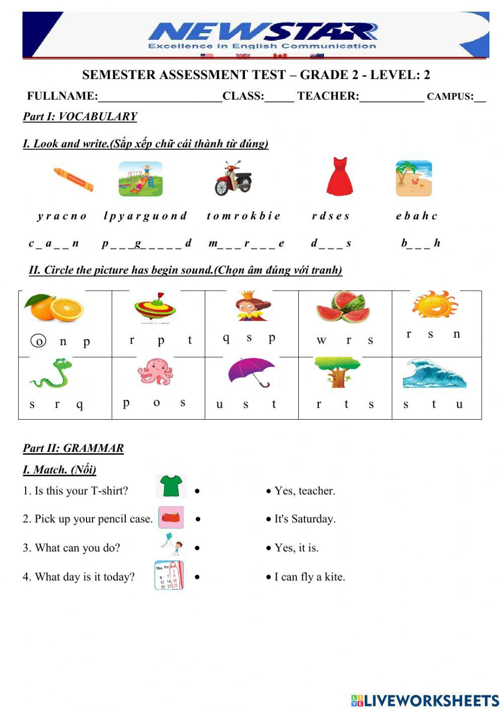 Semester Assessment Test – Grade 2 - Level 2 Worksheet | Live regarding 2Nd Grade Assessment Test Printable