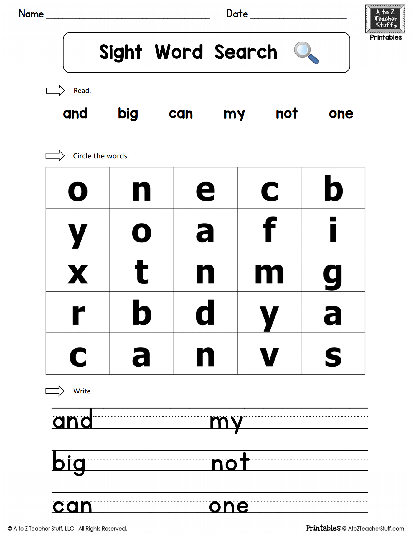 Sight Words Practice Word Search: And, Big, Can, Why, Not, One | A with regard to A To Z Teacher Stuff Printables
