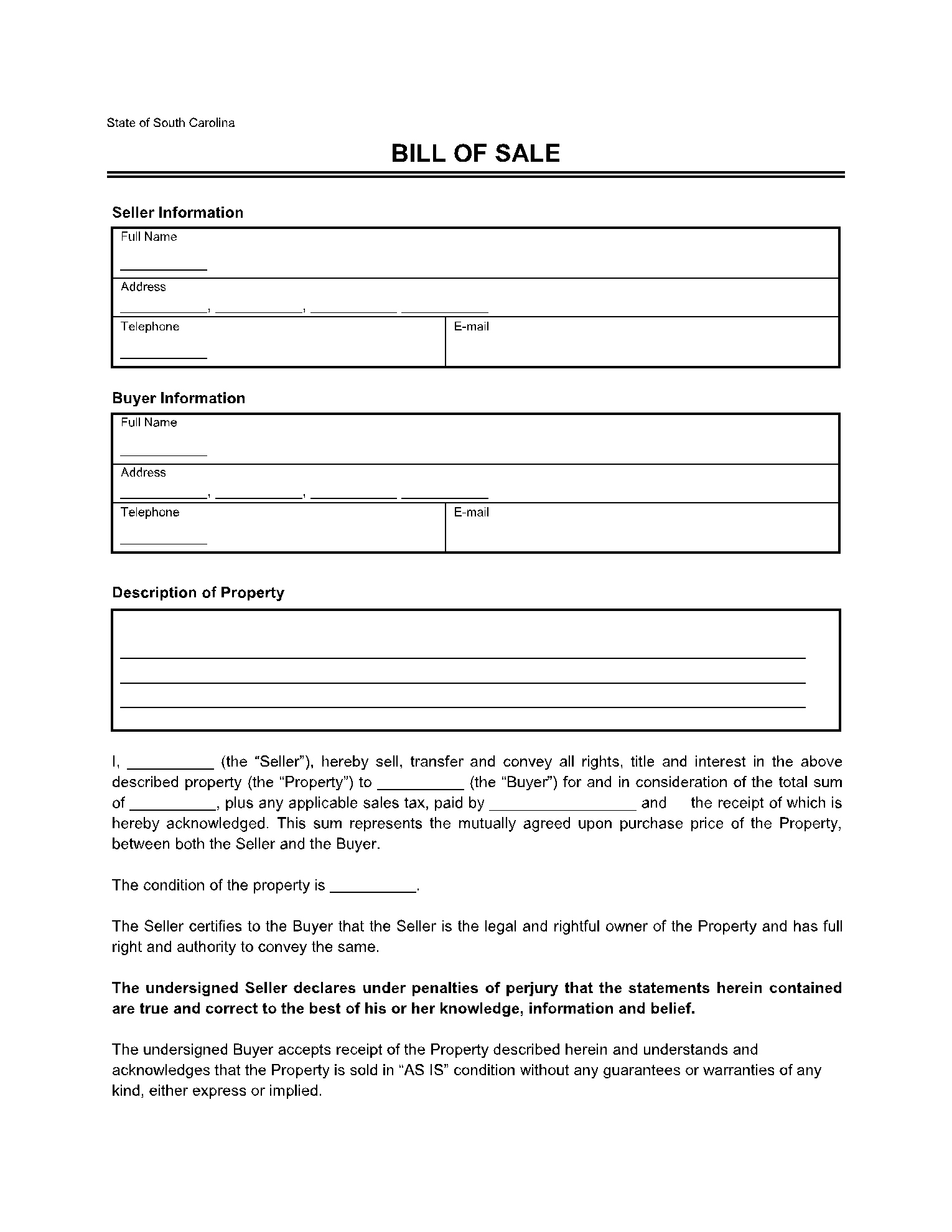 South Carolina Bill Of Sale Template (100% Free) | Cocosign throughout Printable Bill Of Sale Sc