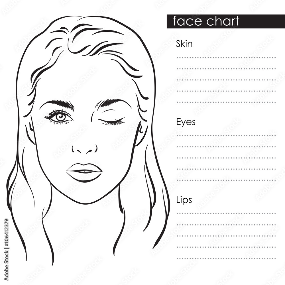 Stock-Vektorgrafik „Beautiful Woman With One Eye Closed. Face within Printable Makeup Artist Face Chart