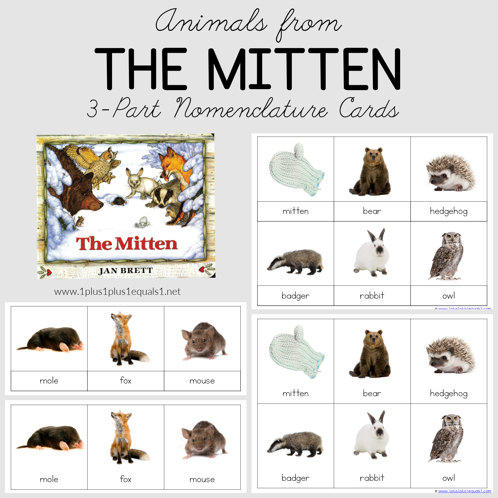 The Mitten 3 Part Cards - 1+1+1=1 in Animals From the Mitten Printables
