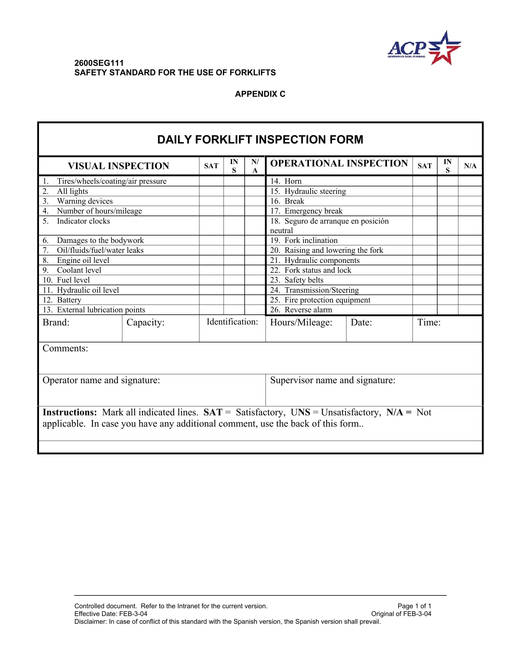 Weekly Forklift Inspection Checklist Pdf Pdf Form - Formspal intended for Printable Free Weekly Forklift Inspection Checklist Template