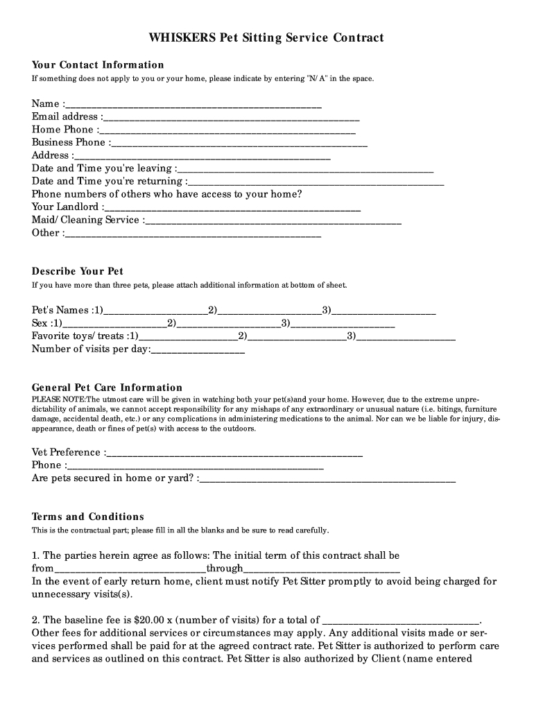 Whiskers Pet Sitting Service Contract Form - Fill Online throughout Free Printable Pet Sitting Contract