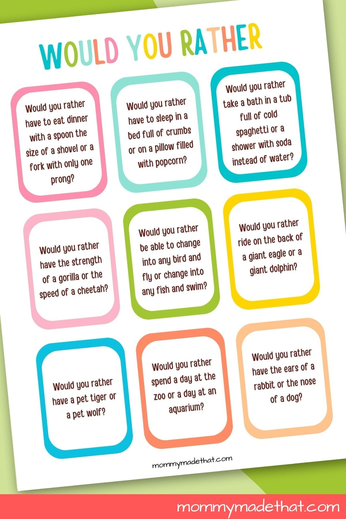 Would You Rather Questions For Kids (Plus Free Printable Cards) within Would You Rather Questions For Kids Printable